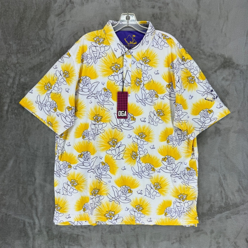 Oahu Golf Apparel OGA Mens 2XL Performance Polo Shirt Yellow Floral UPF‎ 50+ NWT